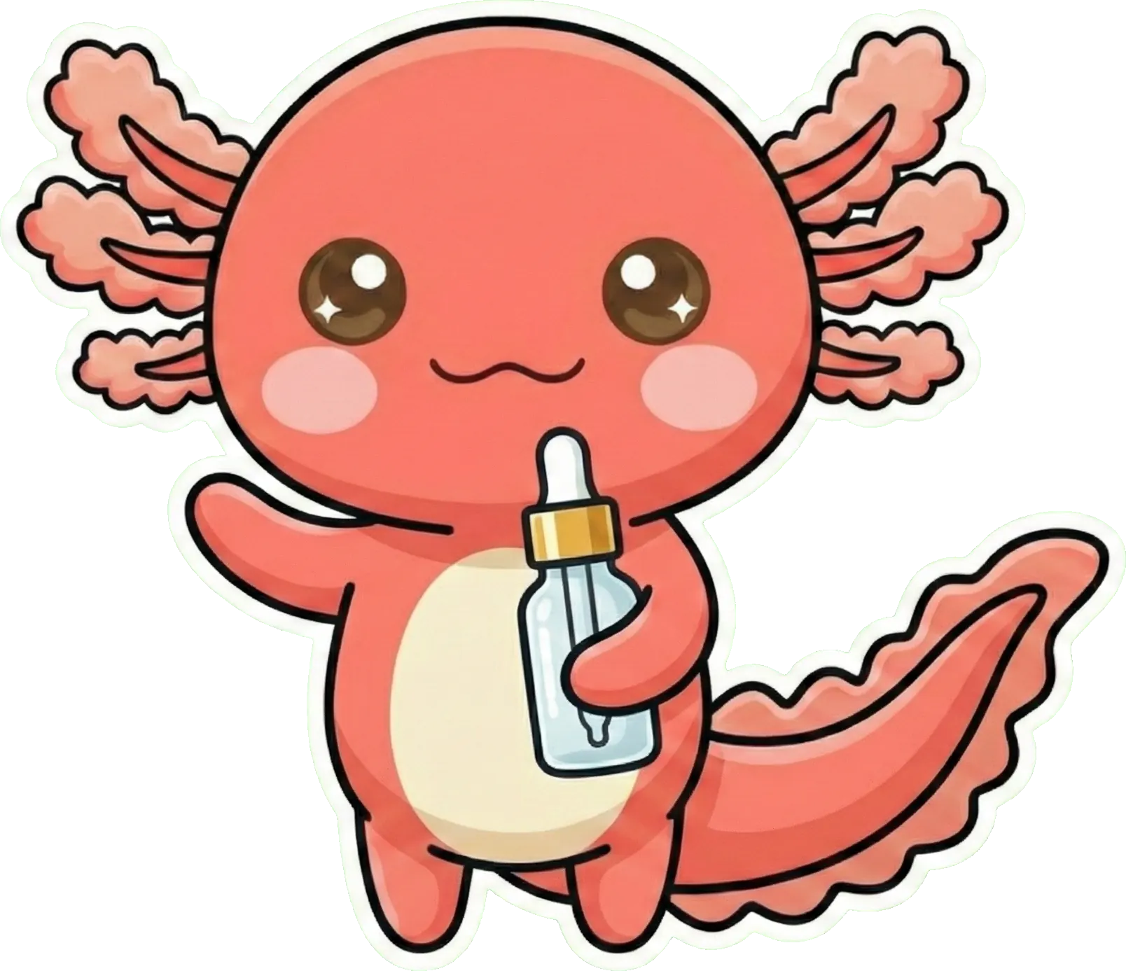 Meet Skinli’s friendly coral axolotl, holding a little skincare bottle